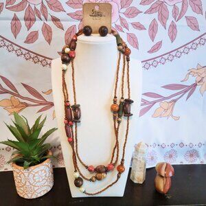 Story by DaVinci NWT Long Beaded Necklace & Earring Set | Wooden Beads